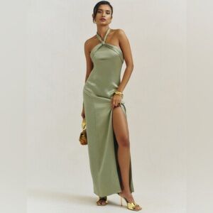 Reformation Kavi Satin Dress. Color: Olive Oil